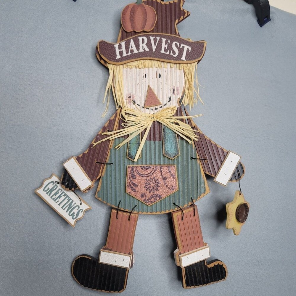 Wood Long Rich HARVEST Greetings Pumpkin Head Scarecrow 20.5 Inch Tall